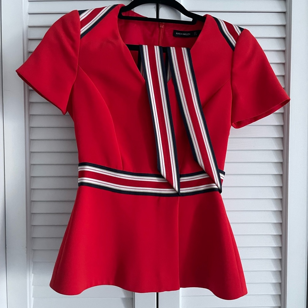 Karen Millen Red Peplum Blouse with Belt and Striped Detail